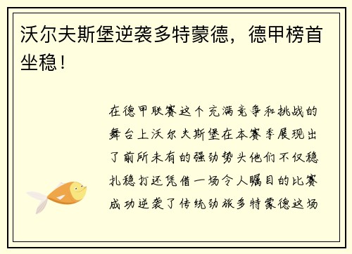 沃尔夫斯堡逆袭多特蒙德，德甲榜首坐稳！
