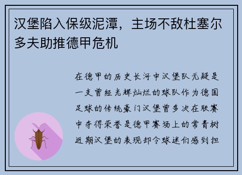汉堡陷入保级泥潭，主场不敌杜塞尔多夫助推德甲危机